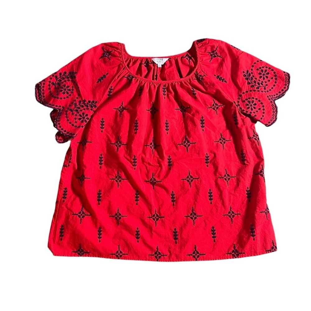 Crown & Ivy 100% Cotton Red Eyelet Embroidered Peasant Blouse w/ Scallop Sleeves